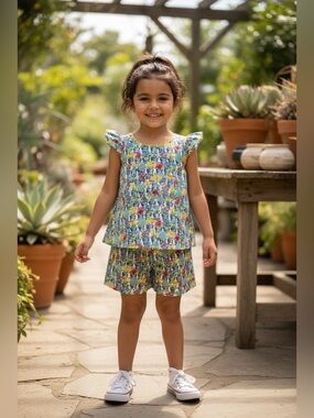 Girls Two-Piece Floral Garden Print Top & Shorts Set - Multicolor Handman